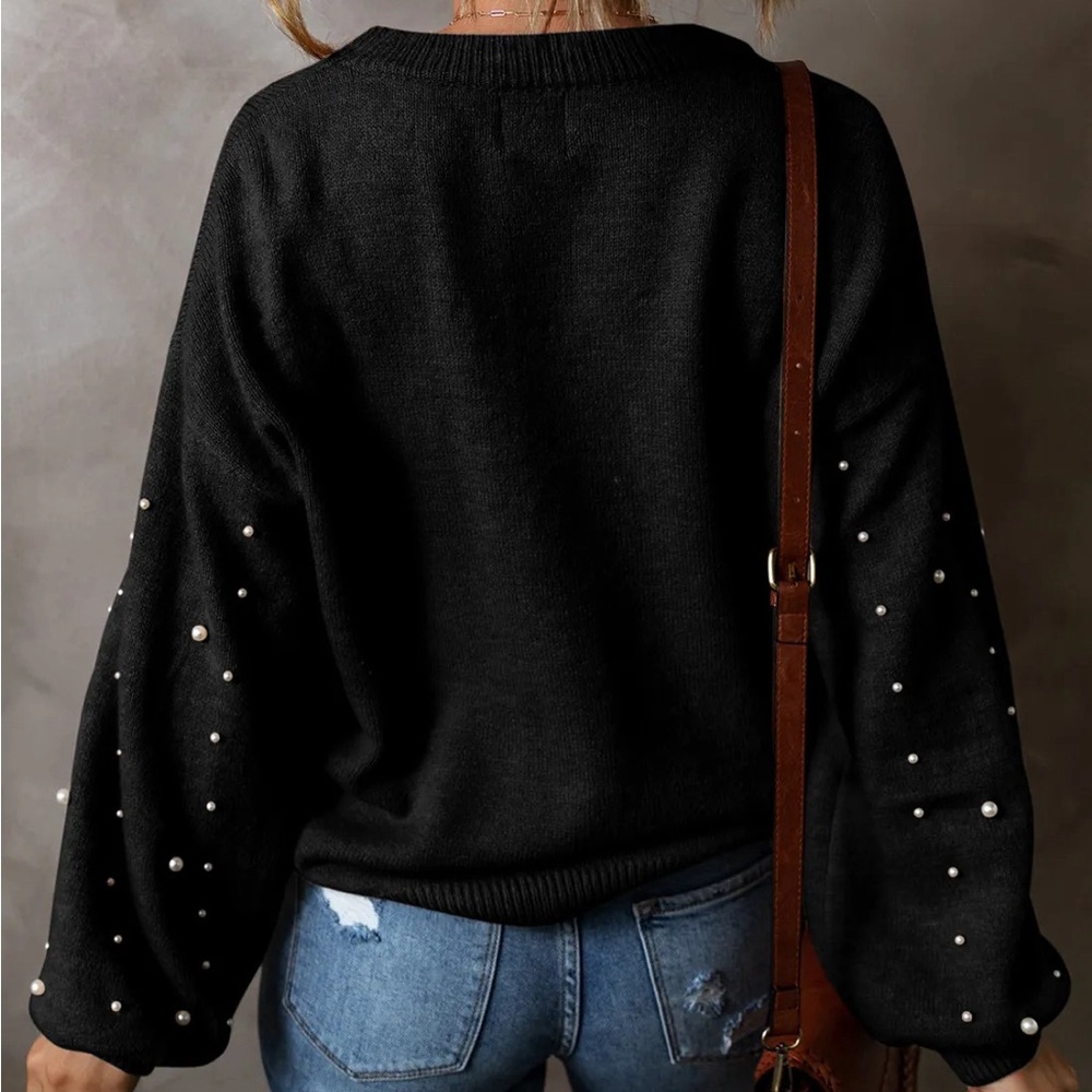 Black Pearl Detail Round Neck Long Sleeve Sweater - Picture 3 of 3